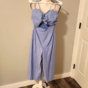 L'ATISTE blue and white pinstripe wide crop leg jumpsuit